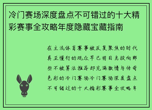 冷门赛场深度盘点不可错过的十大精彩赛事全攻略年度隐藏宝藏指南